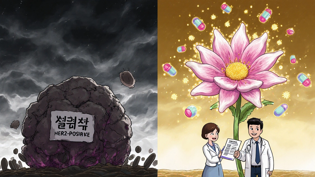 A split image showing a dark tumor transforming into a flower of antibodies and pills, symbolizing hope.