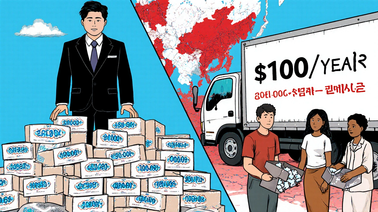 A split scene showing expensive branded drugs vs. affordable generics, with patients receiving pills from a delivery truck.