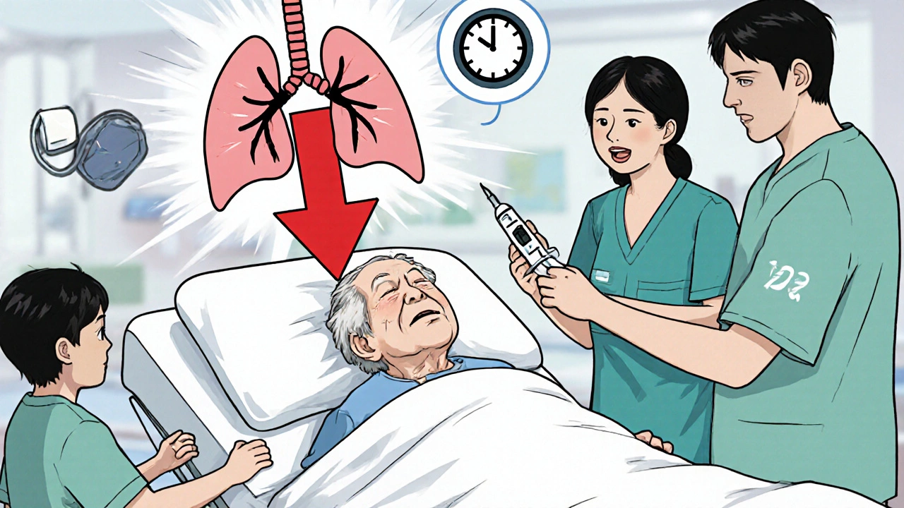 An elderly patient under a warming blanket during surgery, with a spike in fentanyl absorption causing lung collapse and medical staff reacting urgently.