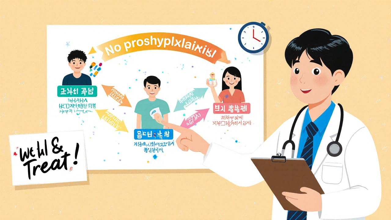Doctor explains symptom-based antiemetic choices using a colorful flowchart labeled &#039;Wait &amp; Treat.&#039;