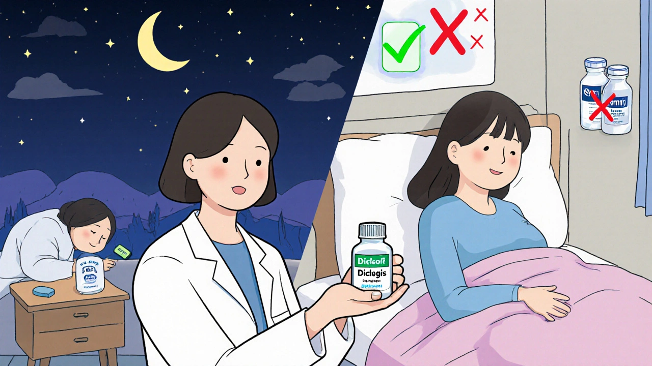 Doctor giving Diclegis to pregnant patient with safety symbols.