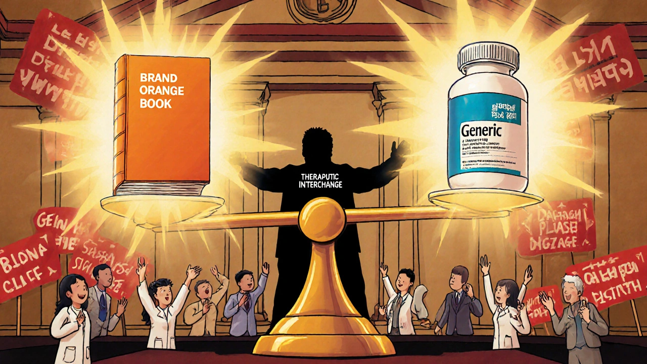 FDA Orange Book balancing brand and generic drugs on a scale, with therapeutic interchange being pushed away as patients cheer below.
