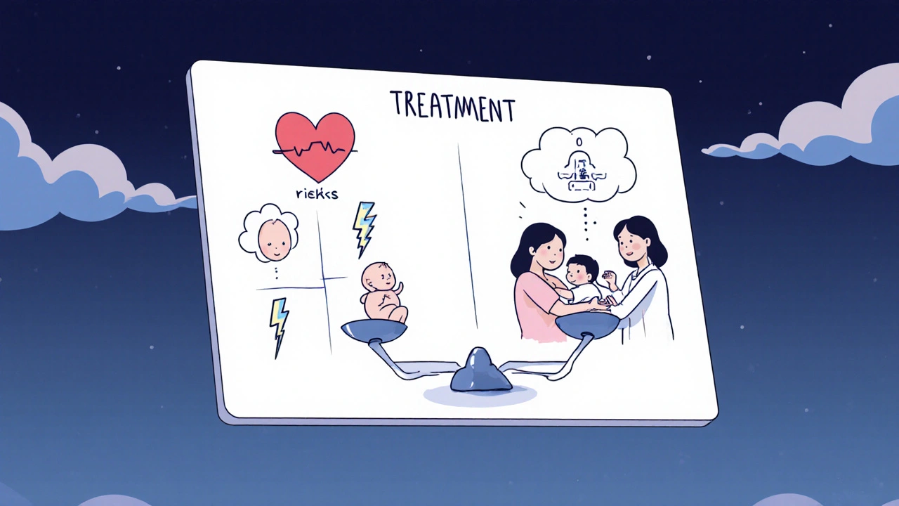 Medical chart comparing risks of untreated depression versus SSRI treatment with symbolic icons.