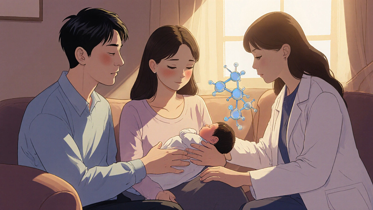 Mother breastfeeding while supported by her doctors, with gentle molecular imagery nearby.