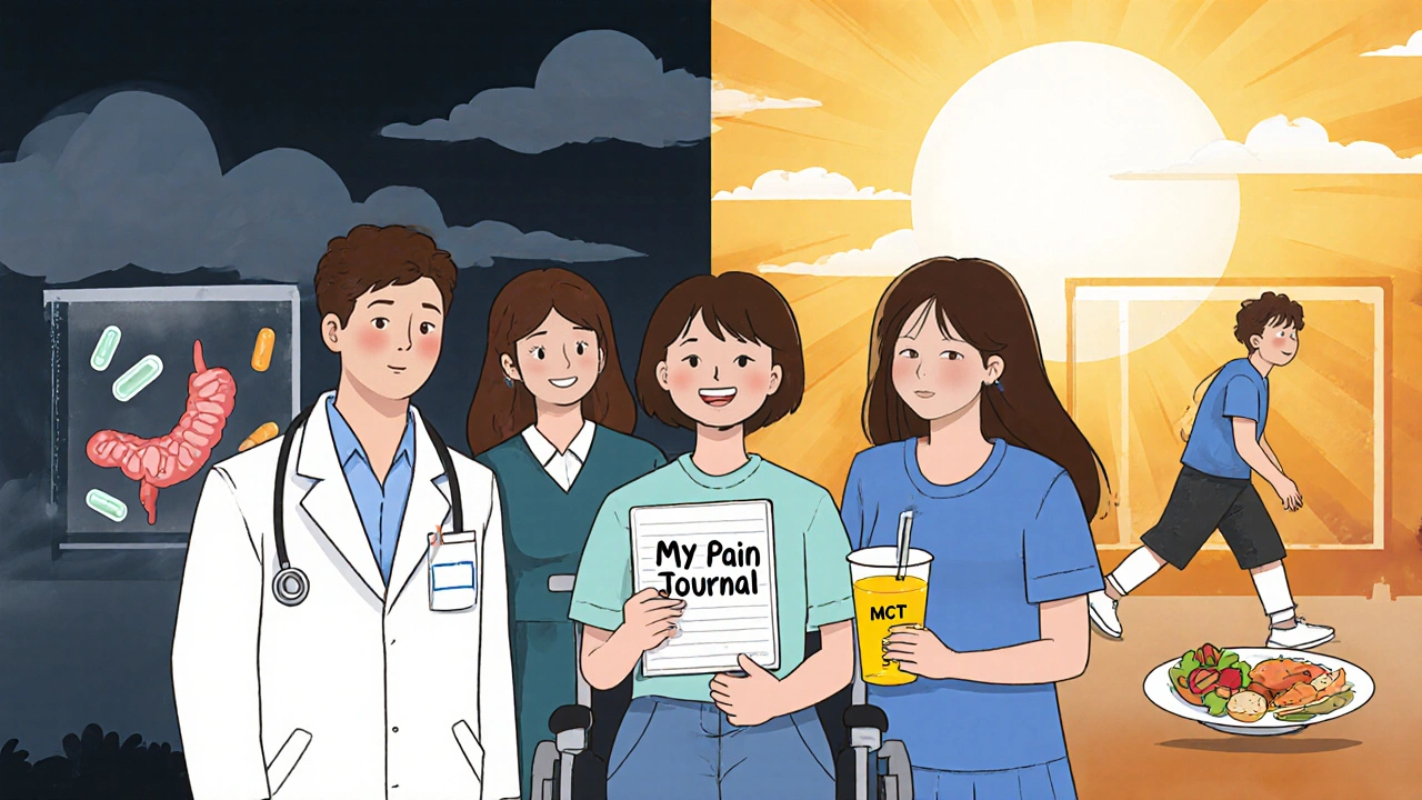 Multidisciplinary care team supporting patient smiling with MCT smoothie, split before/after panels showing healing journey.