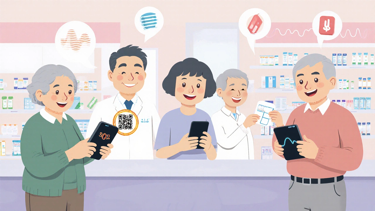 Older adults in a pharmacy using accessible label technologies: talking device, QR code, and large print.