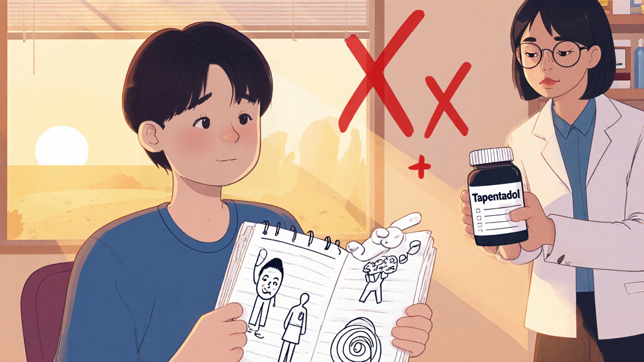 Patient logs nausea triggers while pharmacist suggests safer opioid option, avoiding dangerous drug combos.