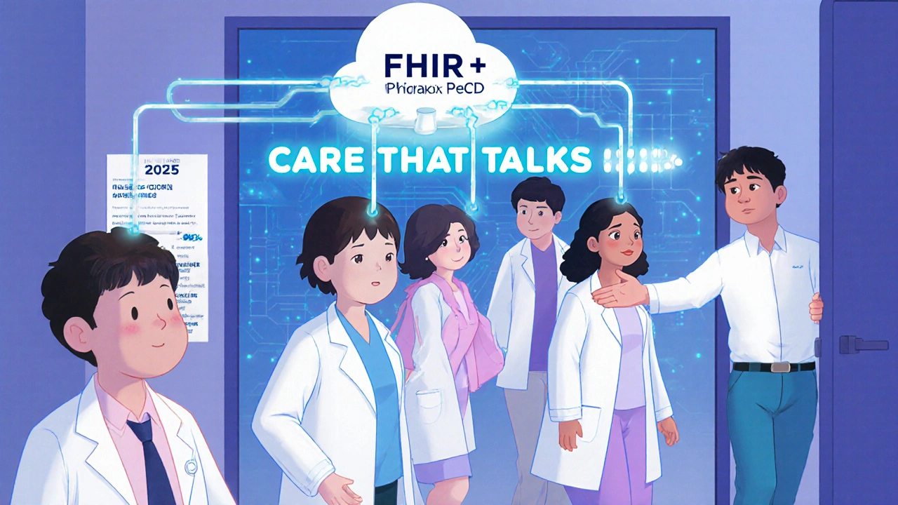 Patients connected by data streams to a central health system as a pharmacist guides them through the pharmacy.