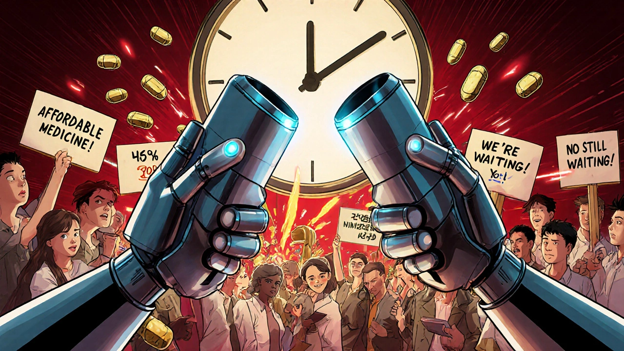 Personified inhalers in a battle, patients waiting as clock ticks toward 2030 with many drugs labeled &#039;No Generic Yet.&#039;