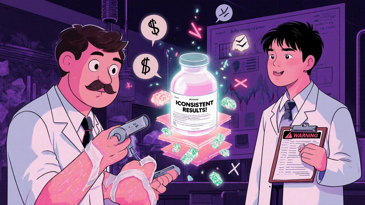 Scientists peeling skin layers with tape to measure topical drug absorption, conflicting data floating around them.