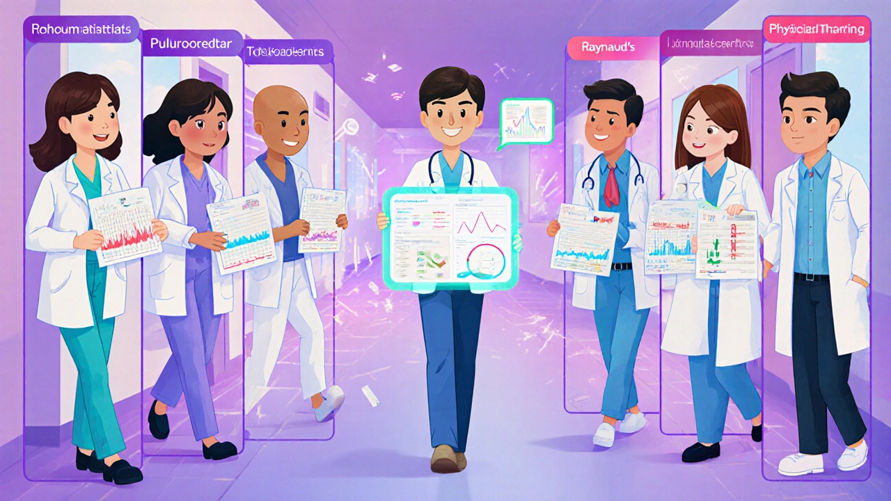 Seven specialists walk apart in a hallway while a coordinator unites their fragmented patient charts.