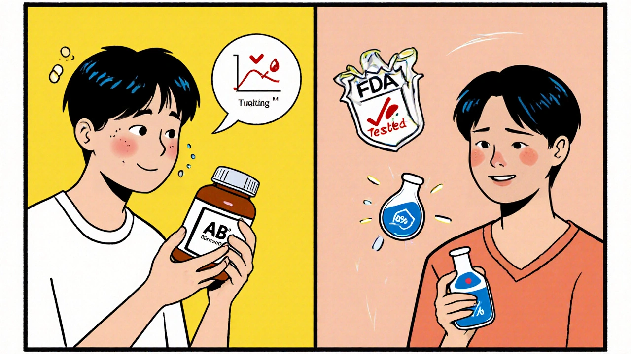 Split scene: anxious patient with brand-name pill vs. confident patient with generic pill, surrounded by scientific symbols and FDA checkmarks.