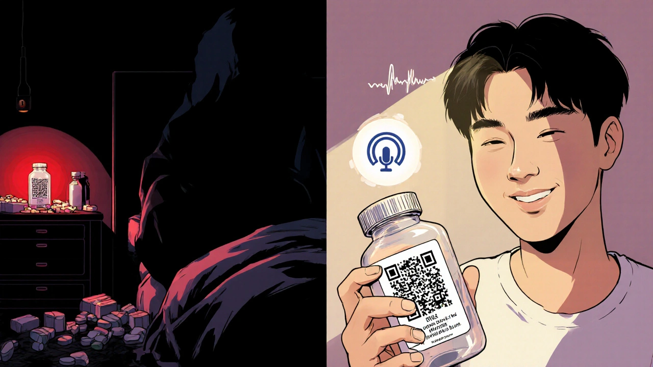 Split scene: chaotic medication error on left, peaceful safe use of accessible labels on right.