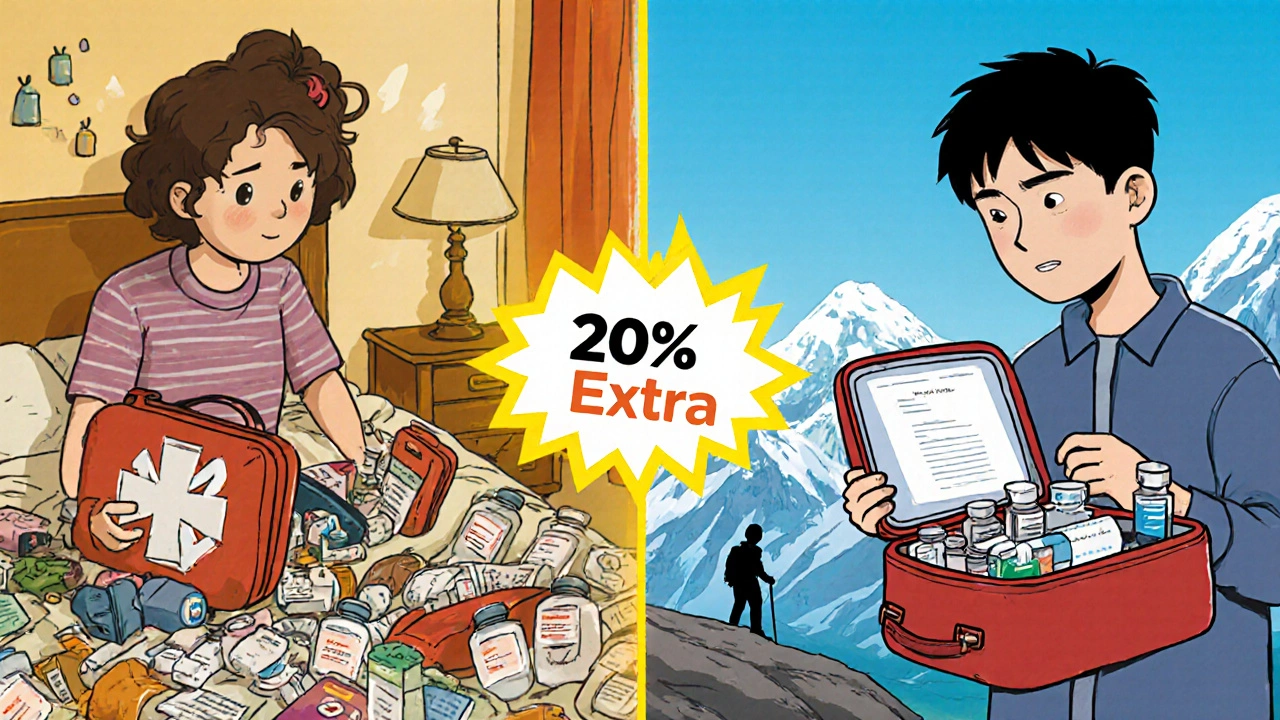 Split scene: chaotic packing at home vs organized high-altitude med-kit with doctor’s note, symbolizing preparedness.