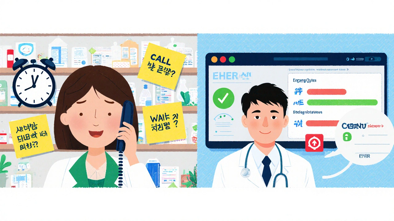 Split scene comparing slow phone calls to fast integrated EHR alerts in a pharmacy setting.