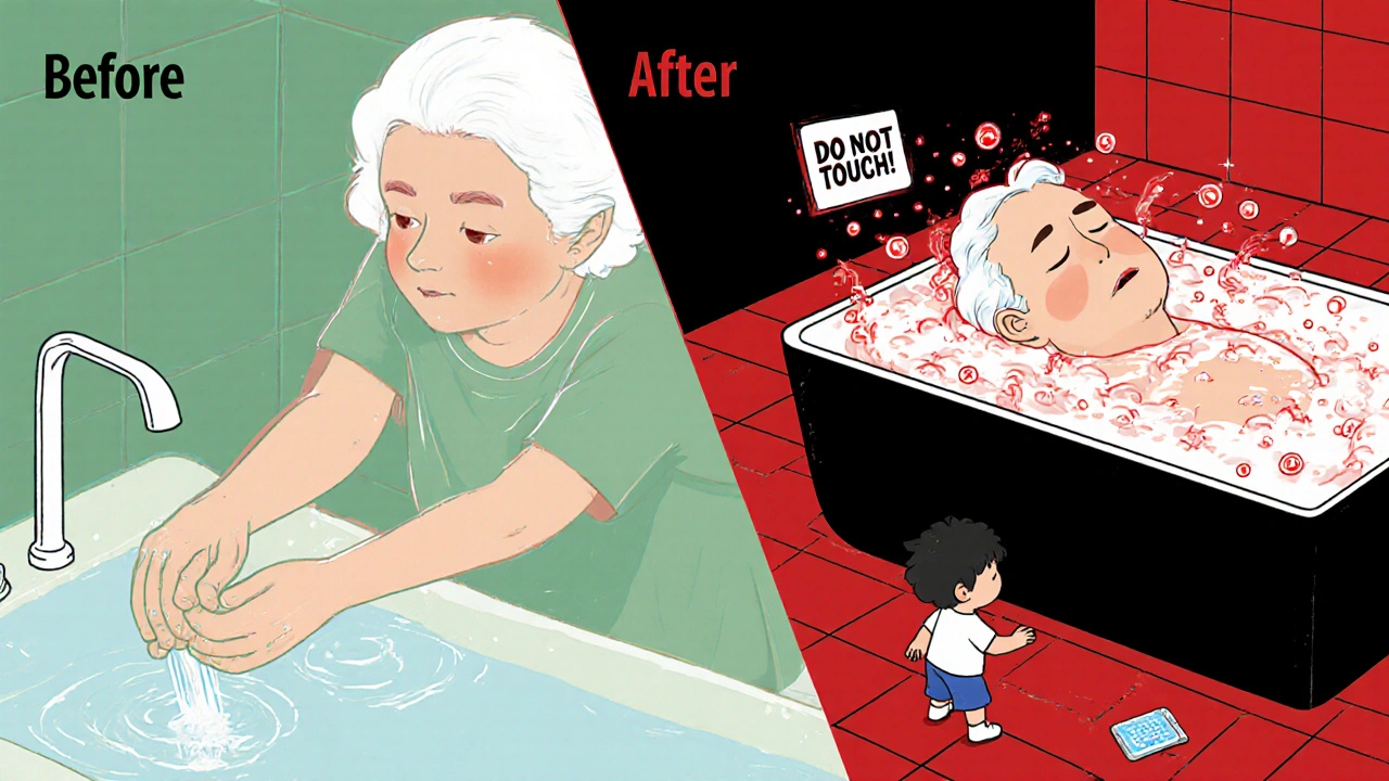 Split scene: peaceful lukewarm shower on one side, dangerous hot bath with fentanyl surge on the other, showing the risk of heat exposure after patch use.