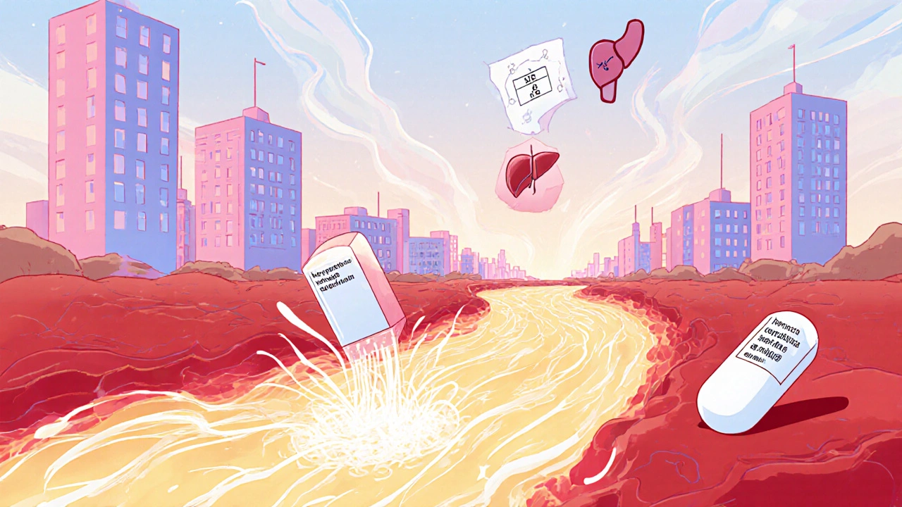 Surreal illustration of bloodstream with two generic pills causing different absorption flows affecting heart and liver.