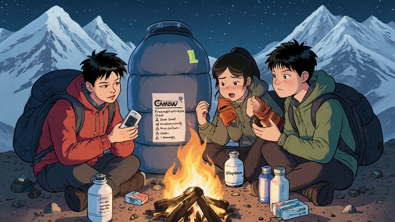 Trekkers at camp with one person receiving dexamethasone, a hyperbaric bag inflating nearby, and meds protected from cold.