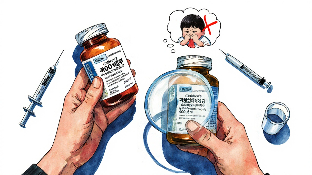 Two medicine bottles with different concentrations compared by a parent using a magnifying glass