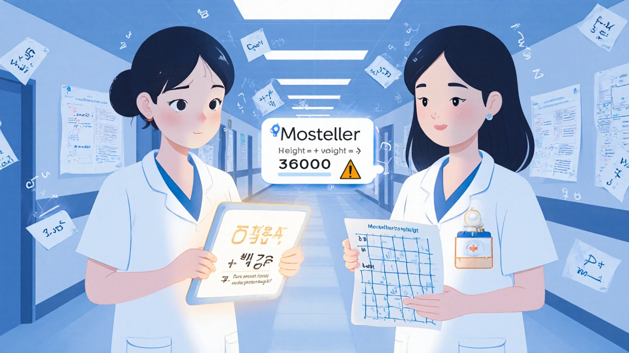 Two nurses verifying chemotherapy dose using body surface area calculation on a hospital tablet