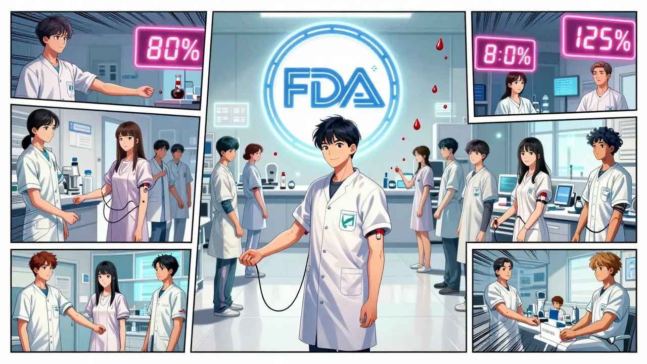 24 volunteers in a lab with floating blood droplets and neon 80-125% confidence intervals displayed around them.