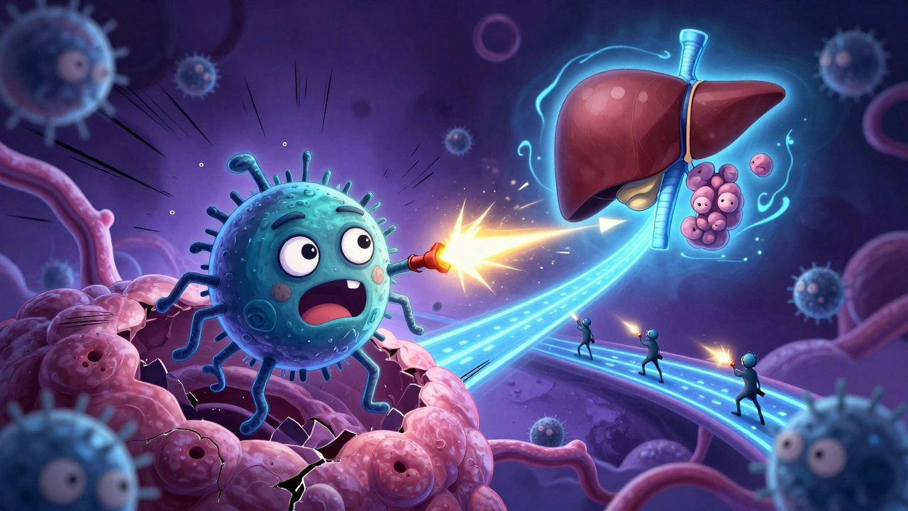 A bacterium escaping the gut and triggering immune cells to launch autoantibodies toward organs, in Korean webtoon style.