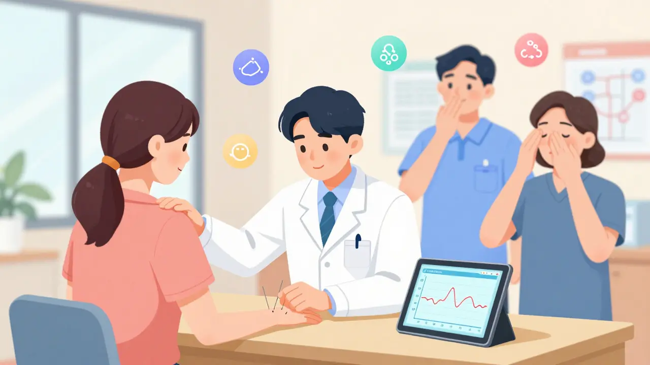 A diverse medical team providing integrated care: acupuncture, breathing exercises, and digital pain tracking in a bright, hopeful clinic setting.