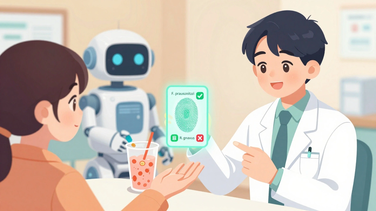 A doctor analyzing a personalized gut bacteria scan with probiotic and prebiotic treatments, in Korean webtoon style.