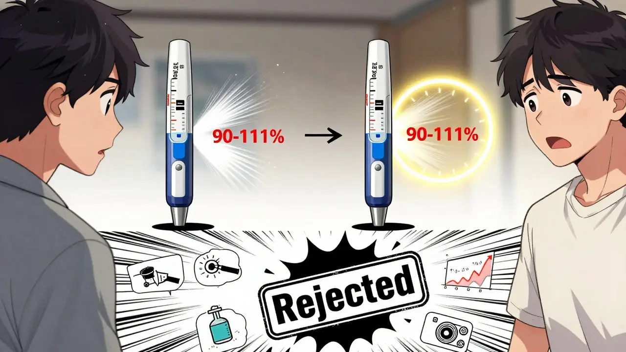A generic EpiPen compared to the brand, with matching spray patterns and approval range glowing above.