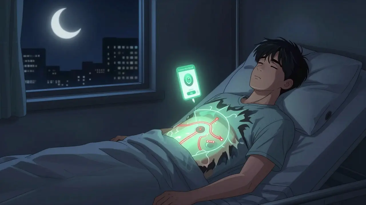 A patient at night with a glowing nerve block diagram dissolving pain shadows, accompanied by a calming app icon and moonlit window.