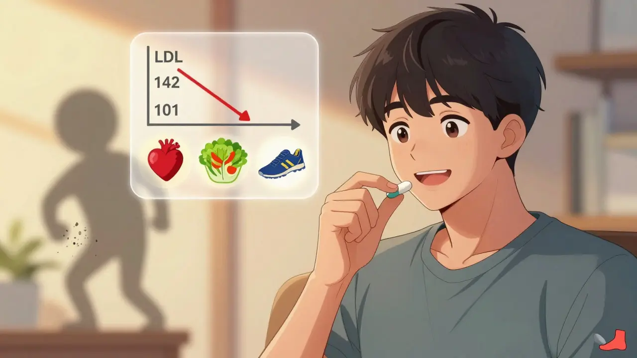 A patient takes one pill as their LDL drops, with healthy lifestyle icons glowing beside them.