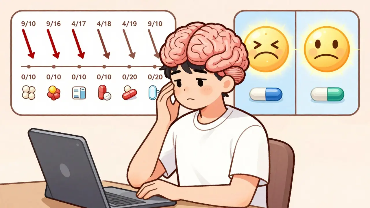 A patient tracks symptoms over time, with a cartoon brain gradually shifting from doubt to relief as pain levels decrease.