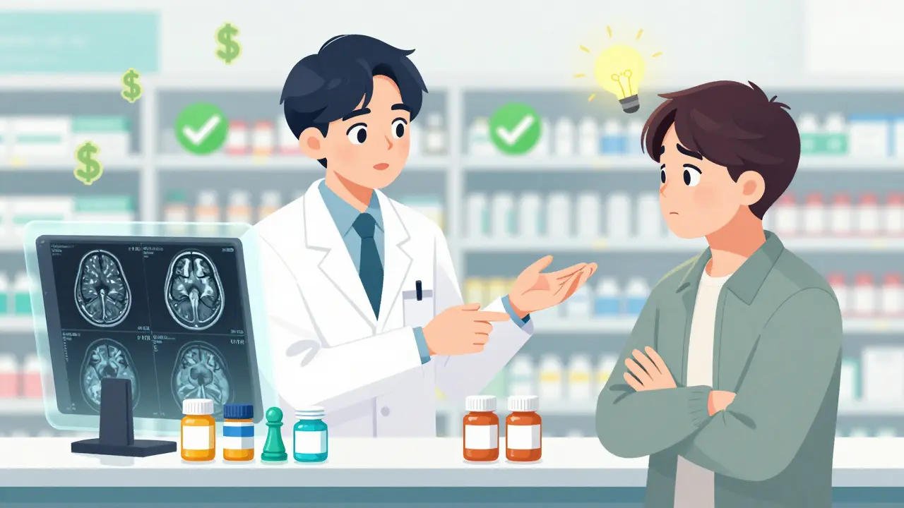 A pharmacist explains generics to a patient, with brain scan visuals and pill bottles arranged like symbols of trust and doubt.
