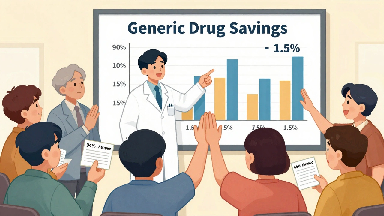 A pharmacist shows a savings chart to smiling patients holding prescriptions, with bold graphs in the background.