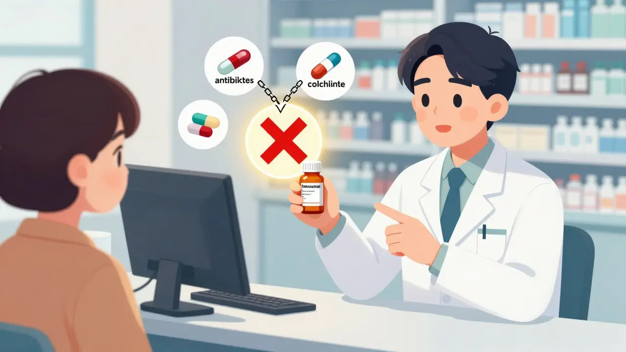 A pharmacist swaps simvastatin for rosuvastatin at a pharmacy, with dangerous drug icons crossed out and safe options lit up.