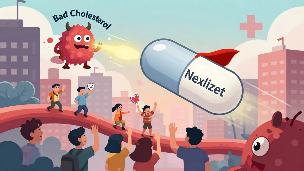 A superhero pill called Nexlizet defeats LDL monsters in an artery cityscape with cheering patients.