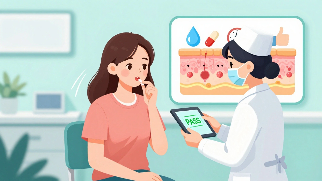 A woman taking a pill during a safe penicillin challenge, with a nurse monitoring and a green &#039;PASS&#039; signal on a tablet.