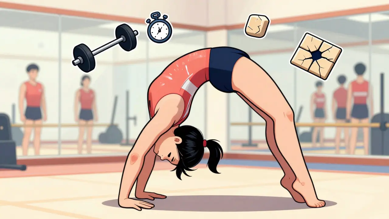 A young gymnast with a glowing stress fracture in their lower spine during a backbend, surrounded by risk icons.