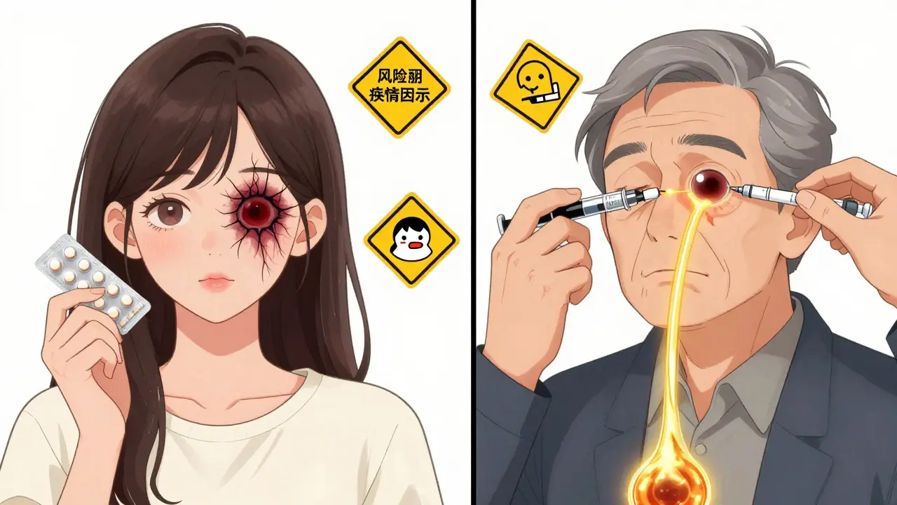 A young woman and older man facing opposite risks of retinal vein occlusion, with floating health warning signs.