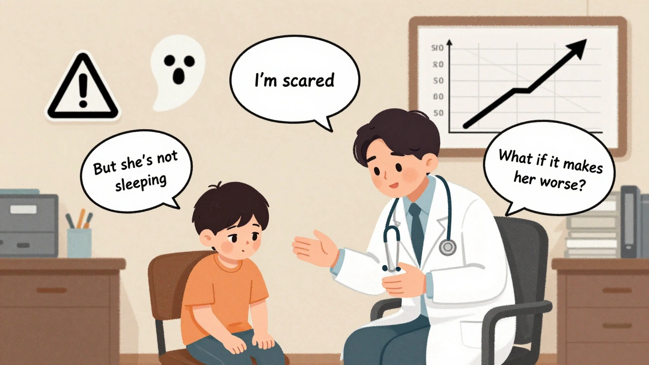 Child psychiatrist discussing medication fears with teen, floating speech bubbles and declining prescription chart.