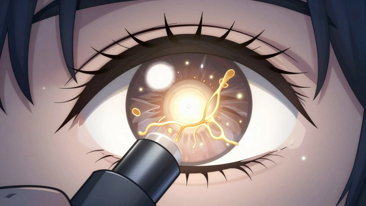 Close-up of an eye with a cloudy cataract forming at the back of the lens, surrounded by distorted protein strands and steroid molecules.