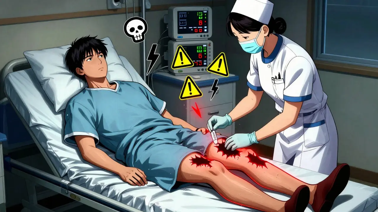 Dark skin patch reappears on thigh as patient is rechallenged with metronidazole under medical supervision.