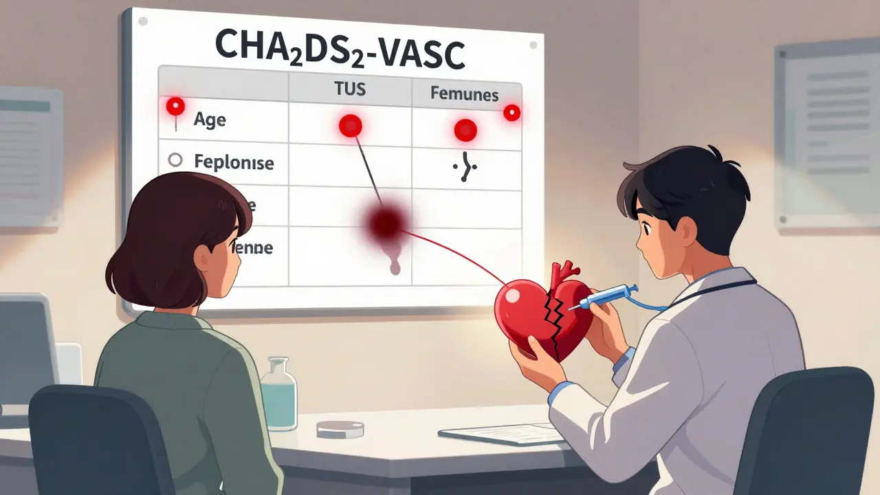 Doctor and patient discussing stroke risk score chart with a healing heart and floating clot.