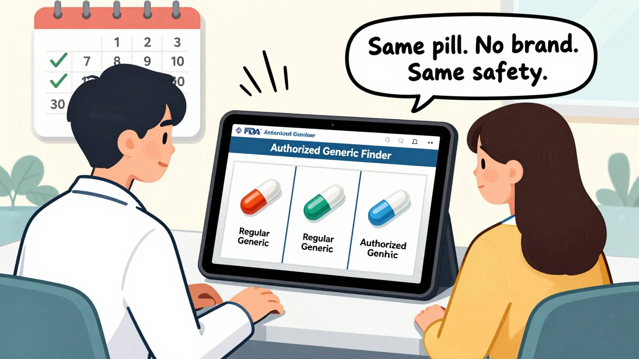 Doctor and patient review FDA&#039;s Authorized Generic Finder tool on a tablet, comparing pill versions side by side.