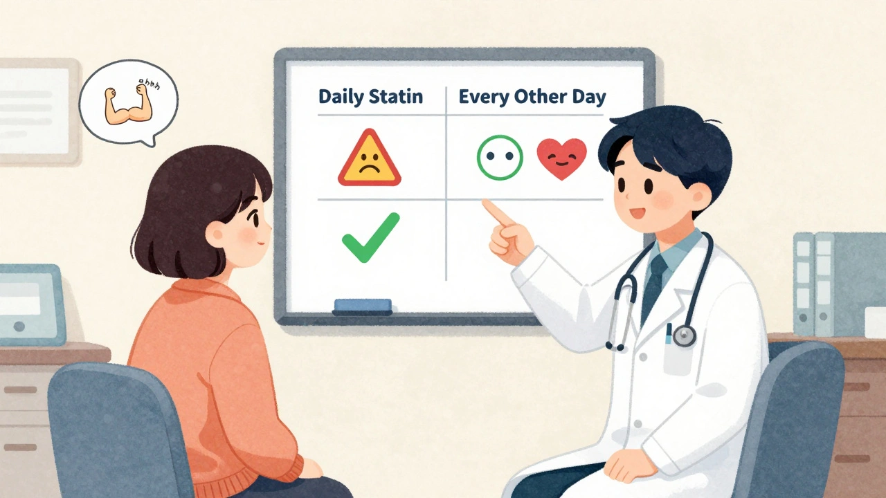 Doctor and patient reviewing a whiteboard comparing daily vs every-other-day statin effects in a clinic.