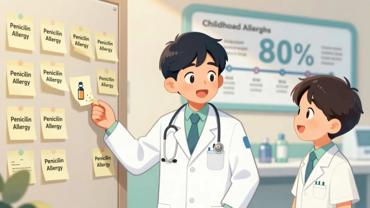 Doctor and pharmacist removing 'penicillin allergy' label as patient safely takes medication