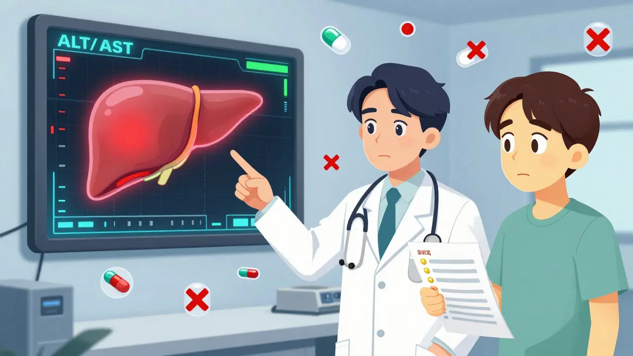 Doctor pointing to spiked liver enzyme levels on monitor as patient shows signs of jaundice.