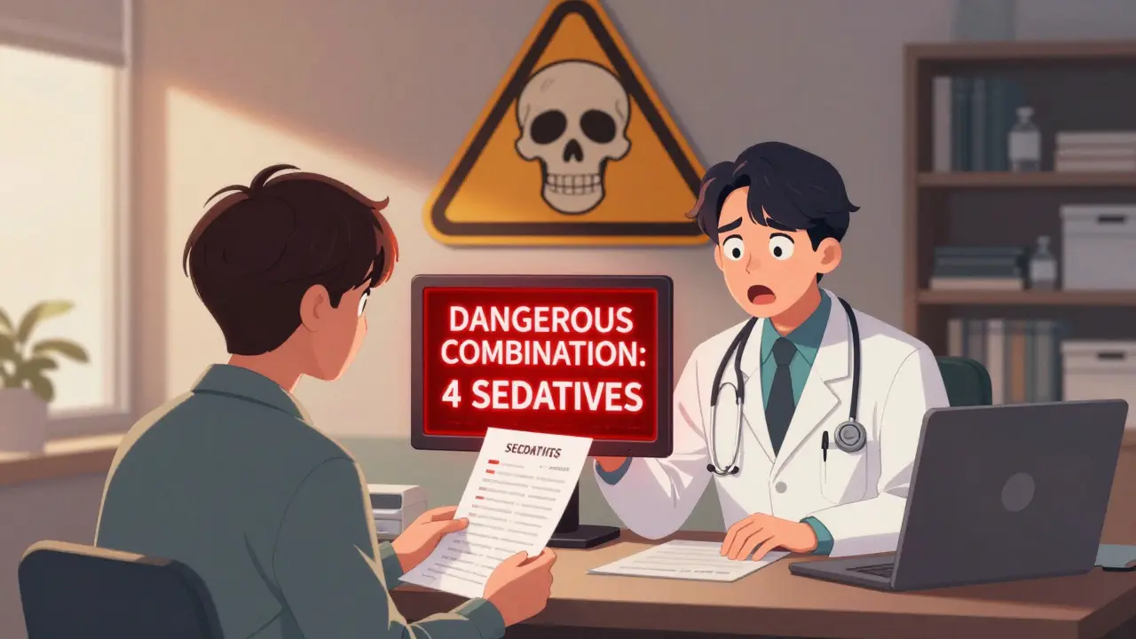 Doctor shocked at warning screen as patient holds long list of sedative medications in clinic setting.