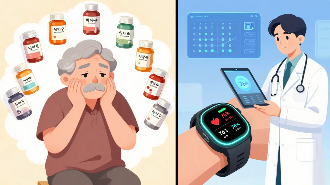 Elderly patient surrounded by multiple pills vs. wearable tech analyzing symptoms with AI prediction.