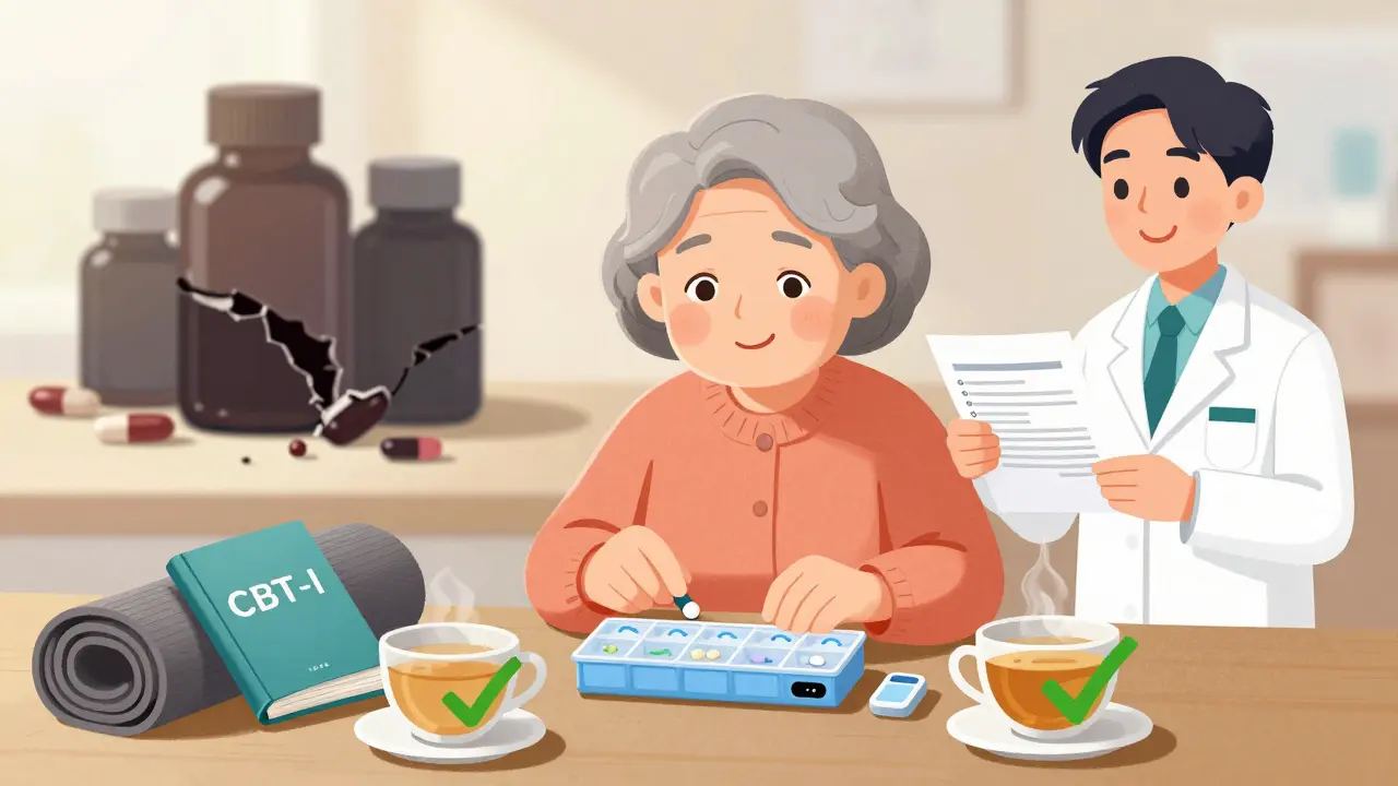 Elderly woman using pill organizer with safer alternatives like yoga and therapy, dark pills fading away.